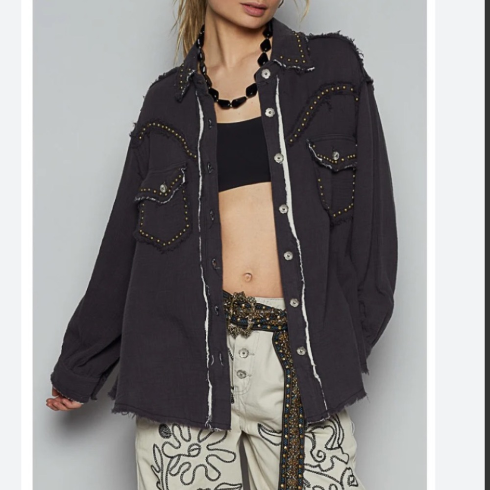 POL studded western charcoal cotton distressed button down shacket